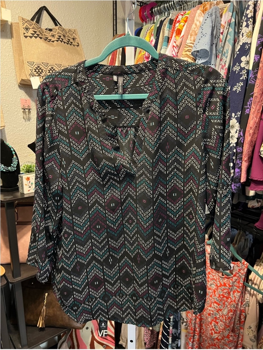 Maurices Black Tunic with Teal and Plum Geometric Print
